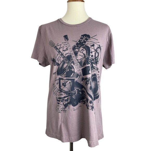H&M Tshirt Mens Size M Dusty Purple Guitars Bikes Cars Graffiti - Picture 1 of 12